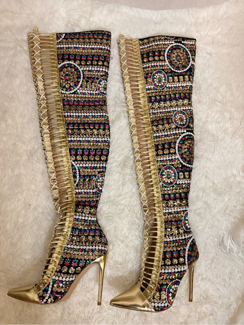 Gold Sequin Lace-Up Thigh High Stiletto Boots ✨ Festival Glam Statement Heels